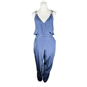 Parker Chapman Navy Silk Jumpsuit Wrap Front Open Back Ruched Ankle Size M